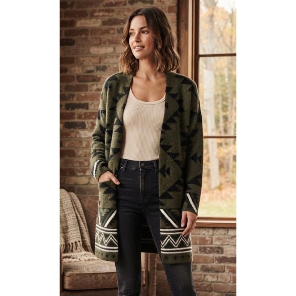 FRYE Open Front Cardigan M Olive Green Black Aztec Southwestern Sweater Boho